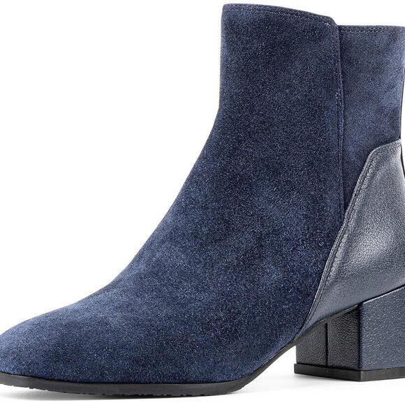 Women's Navy Kelsee Rubber Suede Ankle Block Heel Zipper Booties